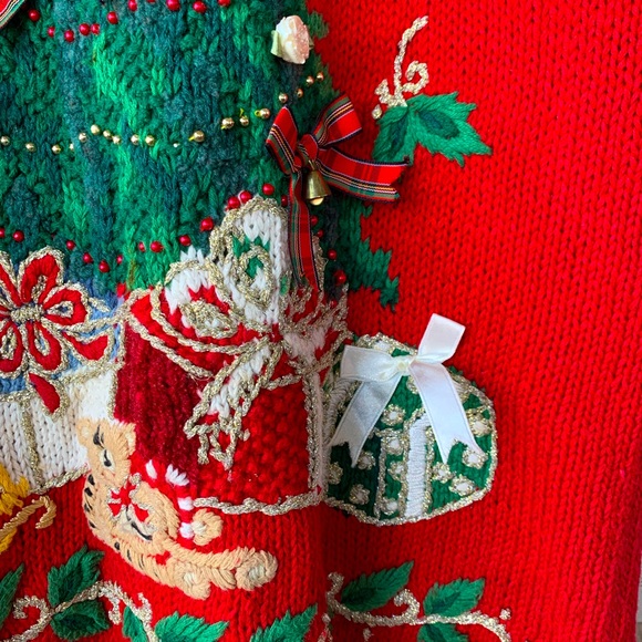 Tiara International Red Christmas Tree Vintage Sweater with Bows and Bea… - Picture 6 of 10